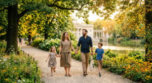 A high-quality, editorial-style photograph of a happy family walking through a vibrant, lush Warsaw