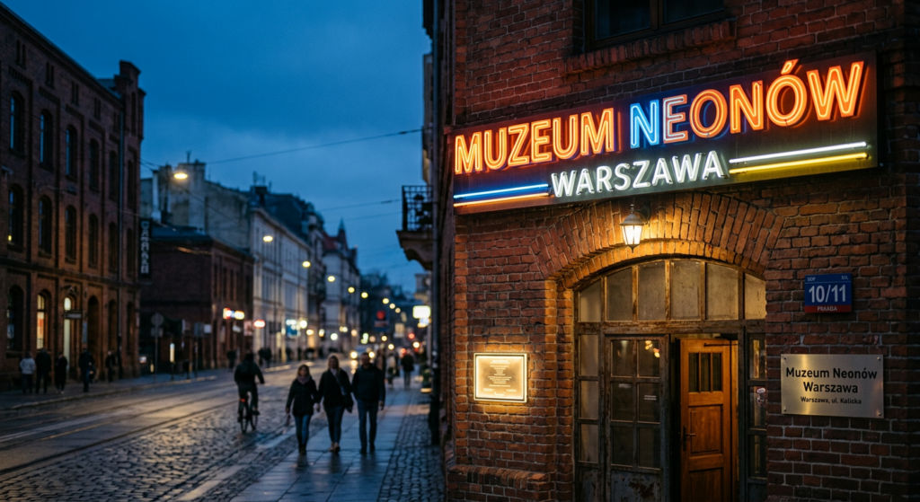 A high-quality, editorial-style photograph featuring a blurred neon sign of a unique Warsaw museum e