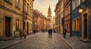 A professional editorial photograph of a cobblestone street in Warsaw during golden hour, featuring