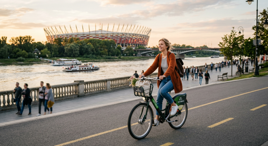 A high-quality, editorial-style photograph of a person riding a city bike along the Vistula river bo