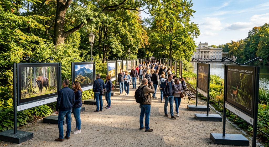 A professional editorial photograph of a high-quality outdoor photography exhibition featuring large