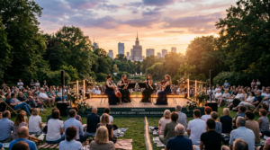 A professional, cinematic shot of a sunset concert in a lush Warsaw park, featuring an elegant strin