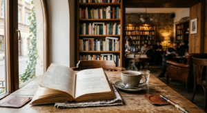 A cozy, editorial-style photograph of a sunlit table in a historic Warsaw cafe, featuring an open bo