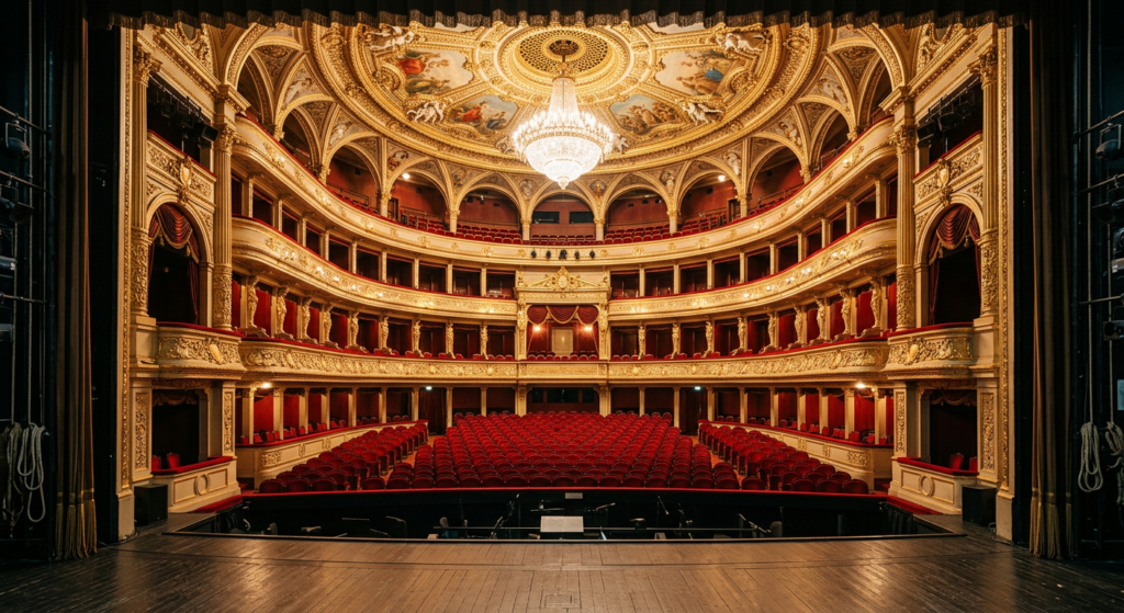 A professional, editorial-style photograph of the ornate, golden interior of a historic Warsaw theat
