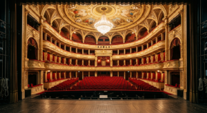 A professional, editorial-style photograph of the ornate, golden interior of a historic Warsaw theat