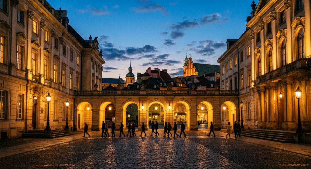 A cinematic, wide-angle shot of a grand Warsaw museum courtyard illuminated by warm evening lights,