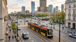A high-angle editorial photograph of a modern Warsaw tram moving through a vibrant city street with