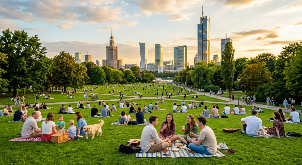 A vibrant, high-quality editorial shot of people relaxing on the green lawns of Pole Mokotowskie wit