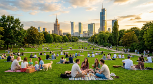 A vibrant, high-quality editorial shot of people relaxing on the green lawns of Pole Mokotowskie wit