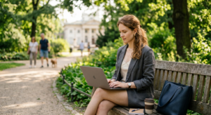 A high-quality, editorial-style photograph of a modern professional working on a laptop on a wooden