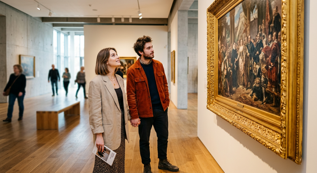 A professional, editorial-style photograph of a trendy young couple admiring a large, golden-framed