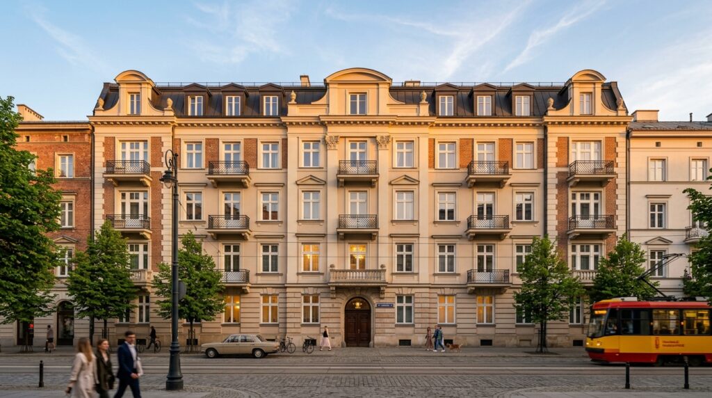 A professional wide-angle shot of a classic Warsaw apartment building facade at golden hour, featuri