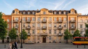 A professional wide-angle shot of a classic Warsaw apartment building facade at golden hour, featuri